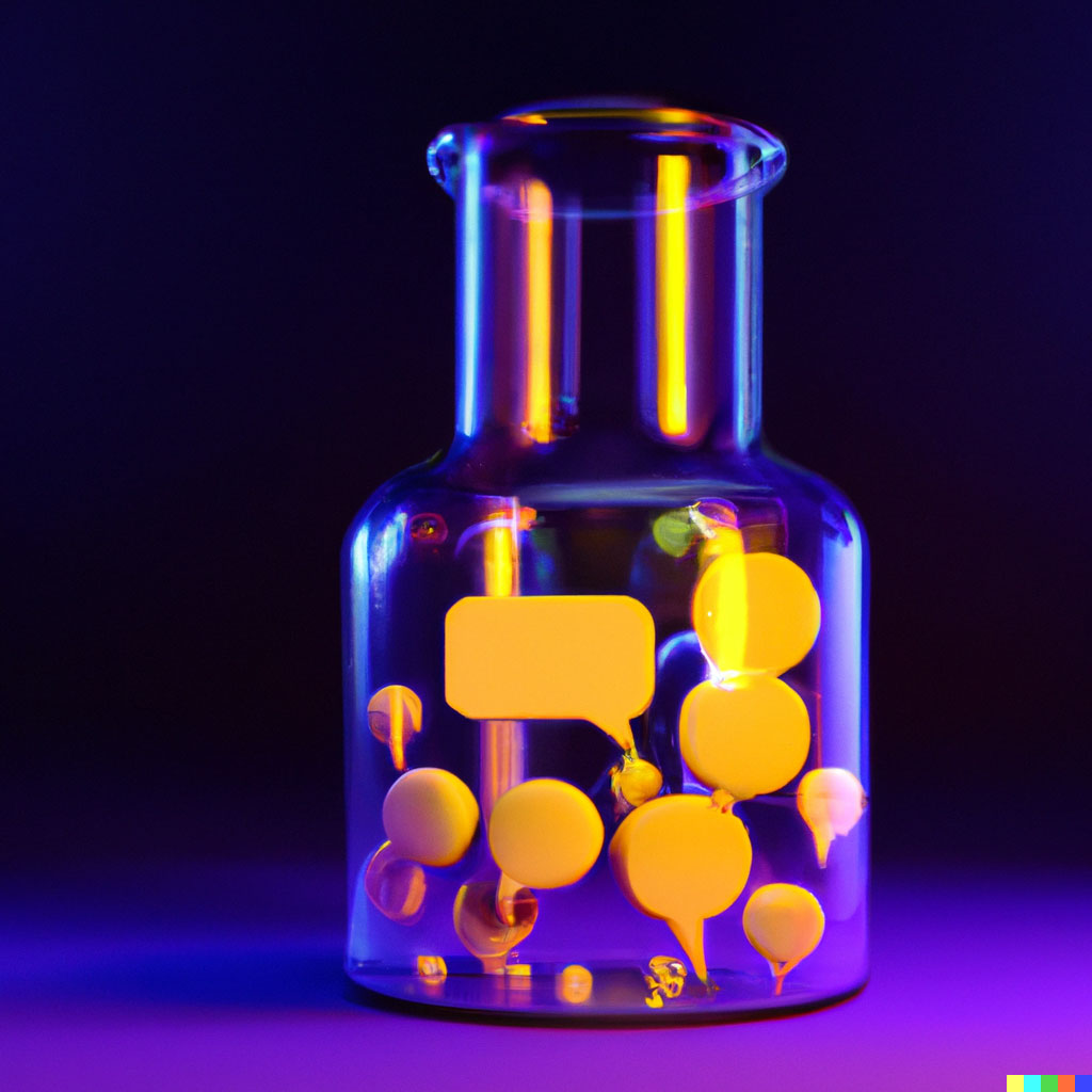 DALL·E prompt: a laboratory beaker full of many chat bubbles, purple and yellow lighting, 3d render